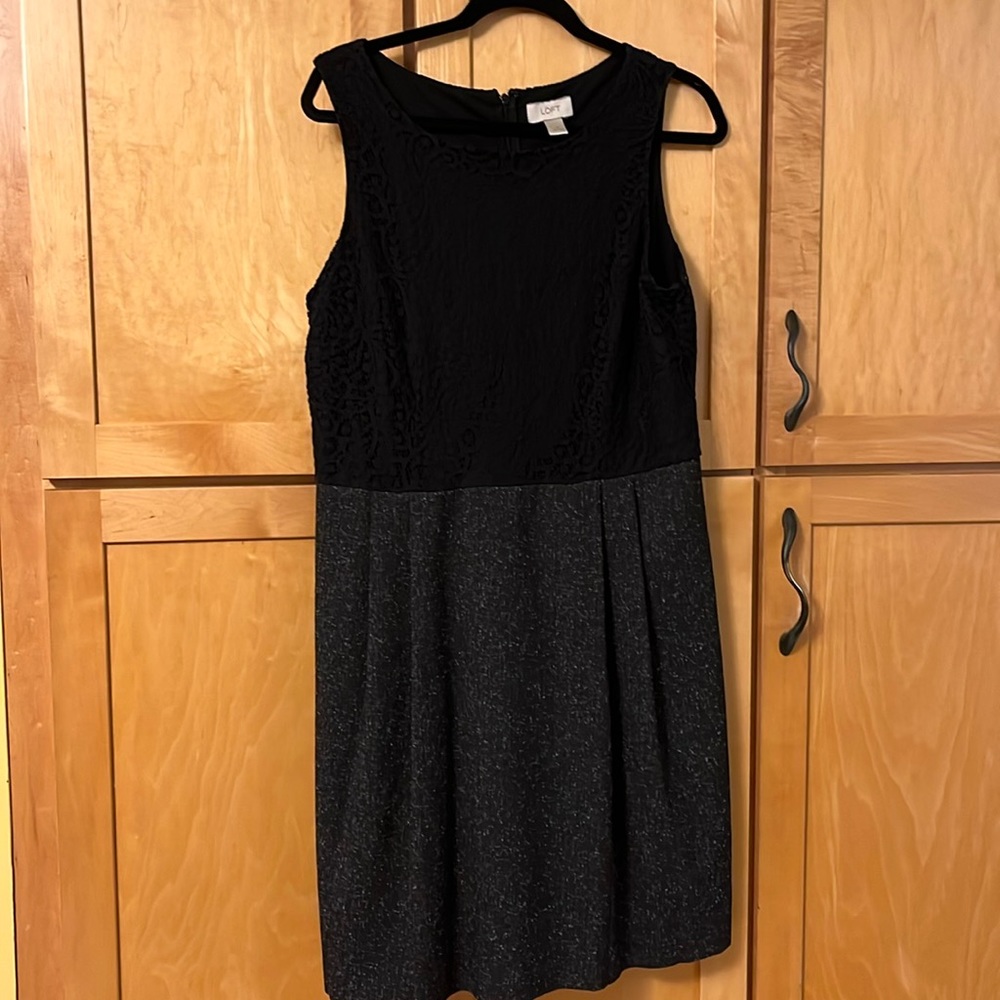 Loft sheath dress size 14, black lace overlay with gray skirt